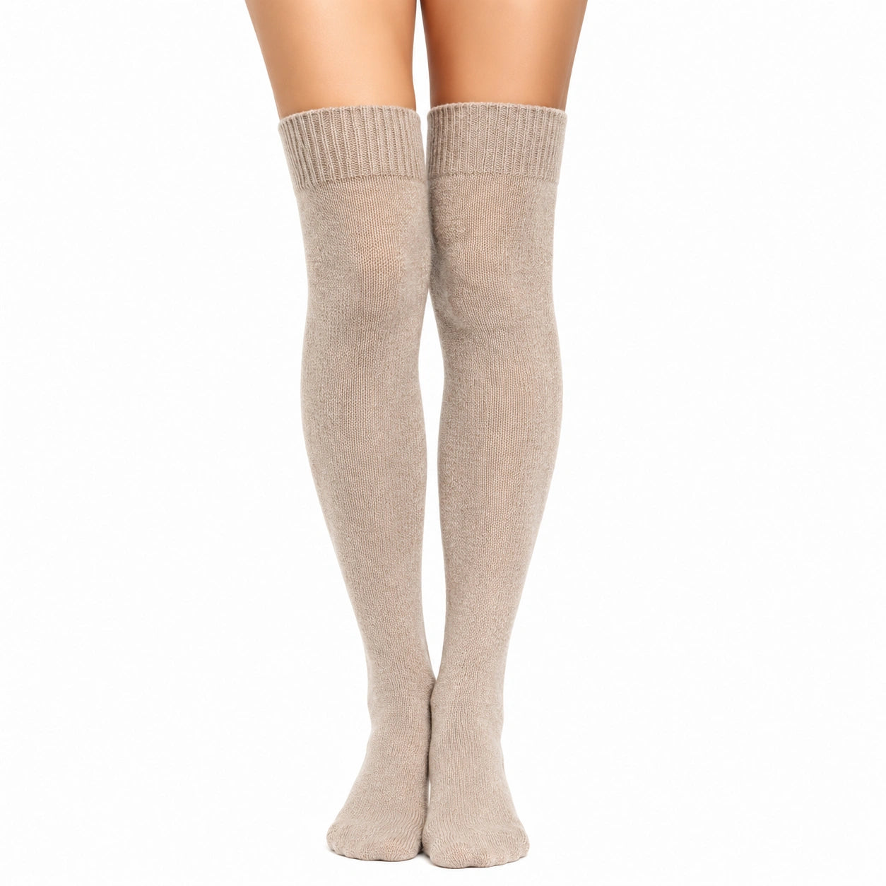 Chaussettes hautes 35-38 en maille beige à bord-côtes style uni