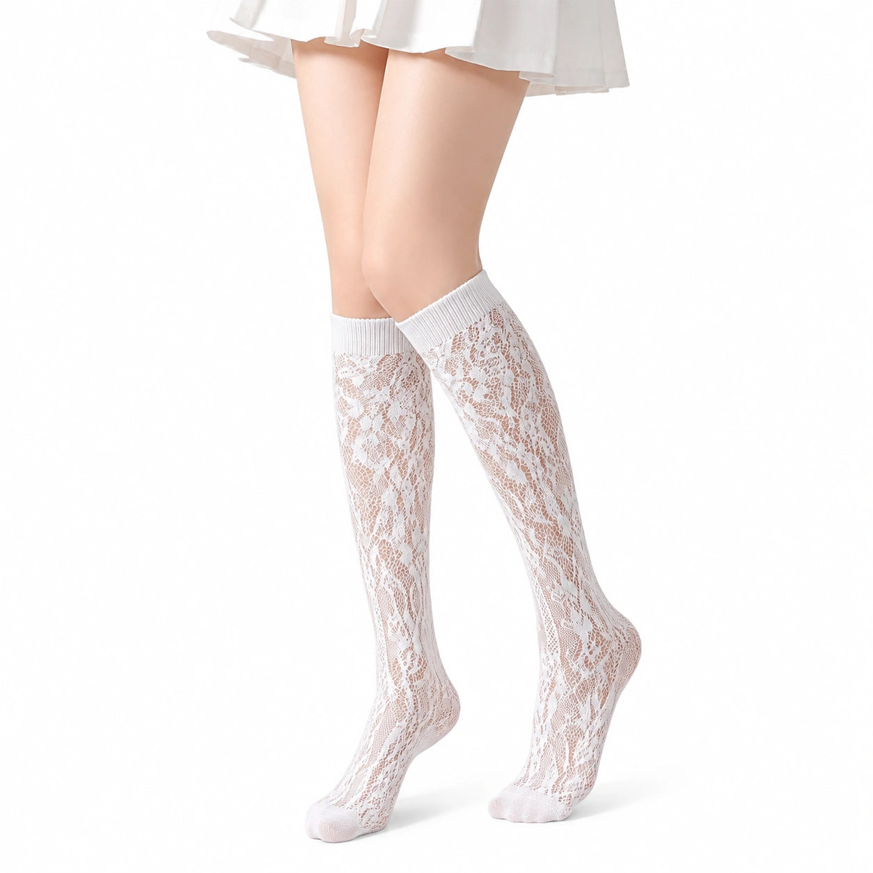 Chaussettes hautes 35-38 blanches en dentelle ajourée style romantique