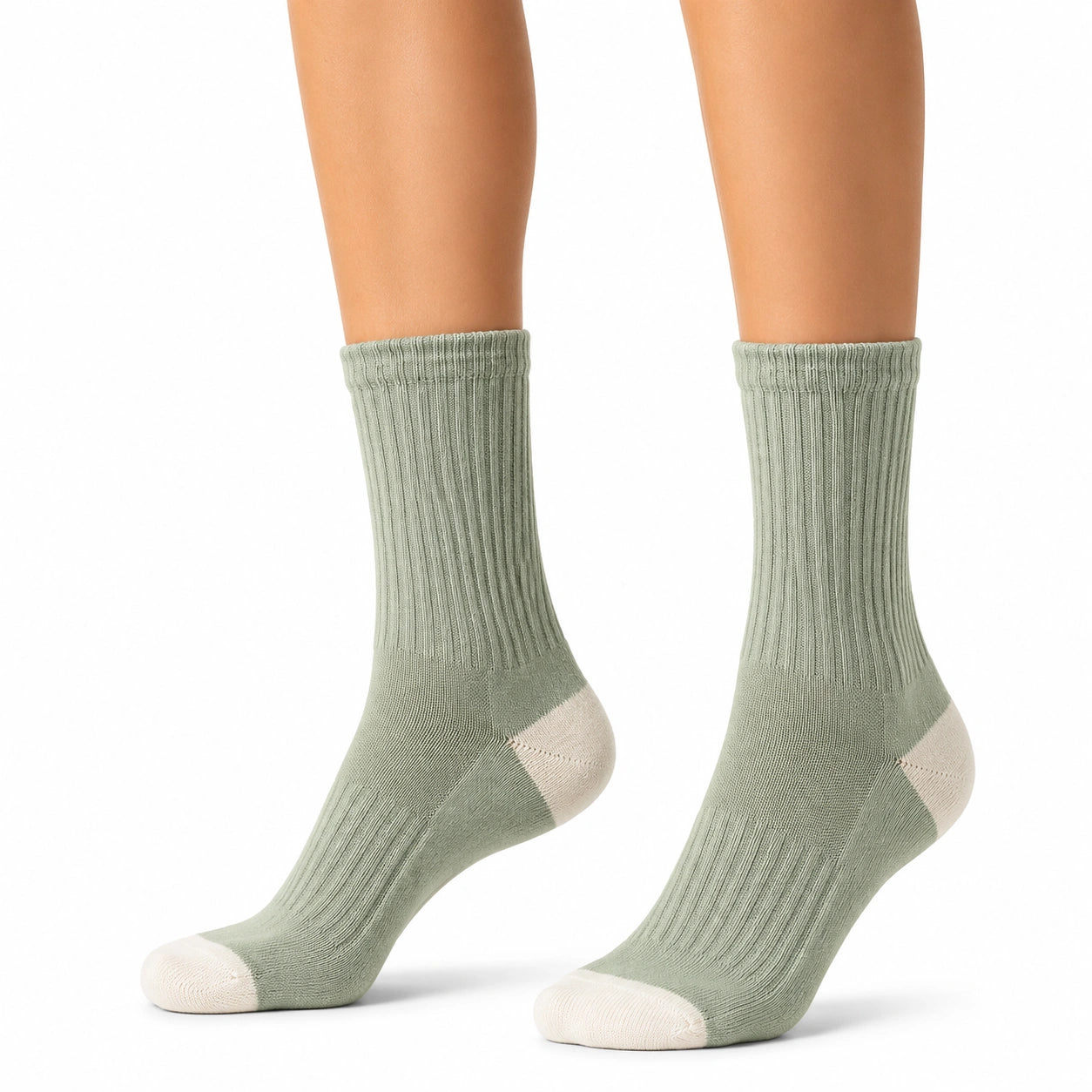 Chaussettes mi-mollet 39-42 en maille vert sauge et écru côtelées